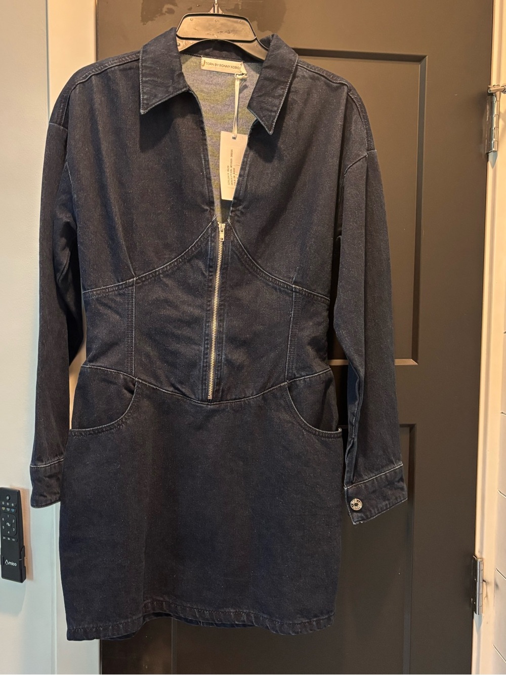 Torn By Ronny Kobo Meghan Dress Dark Wash Medium NWT Denim Long Sleeve Collar